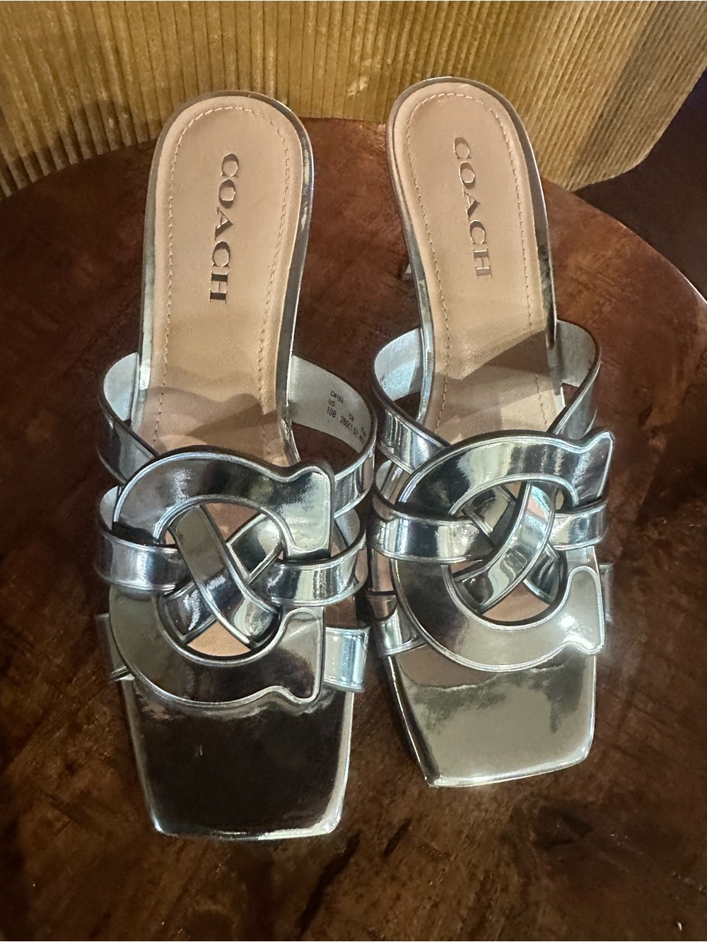 Coach Silver Metallic Knot-Detail Slide Heels